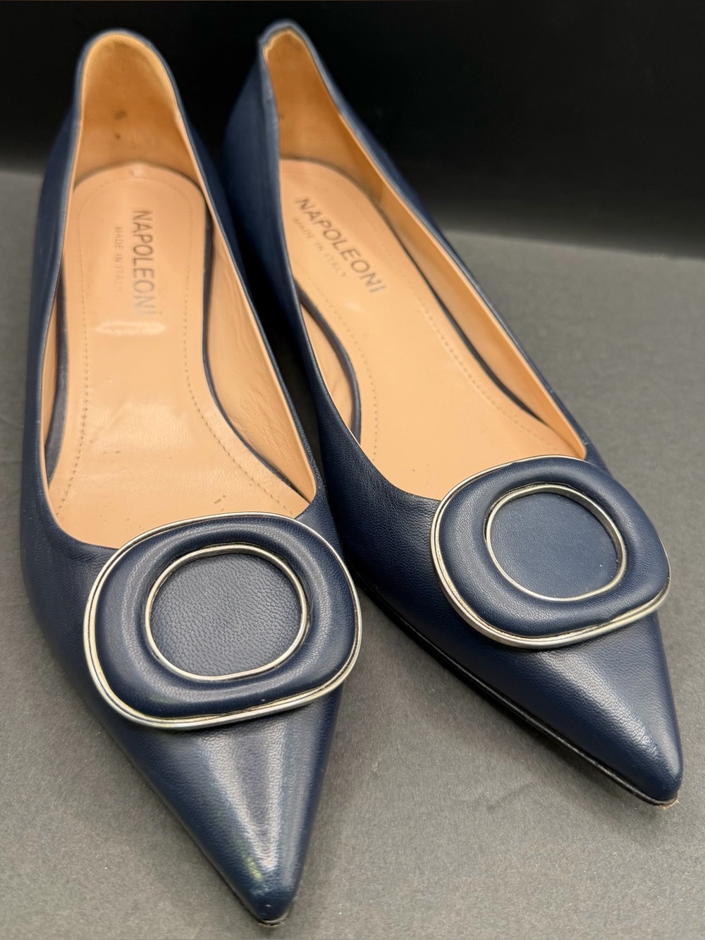 Napoleoni- Women’s Navy Pointed Toe Leather Shoes w/Decorative Buckle-38